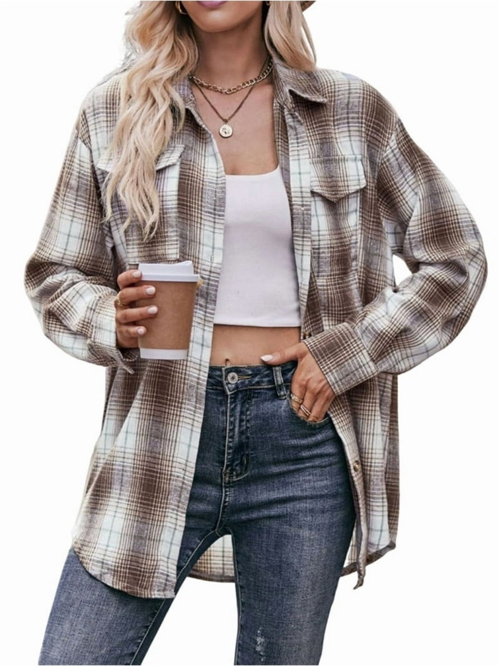 Relaxed Brown Plaid Button-Down Shirt Jacket